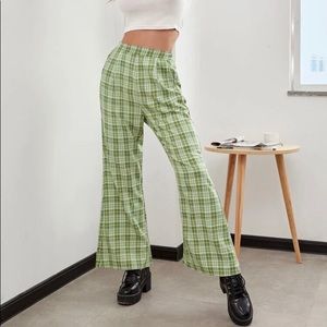 Light green elastic stretchy plaid flare pants